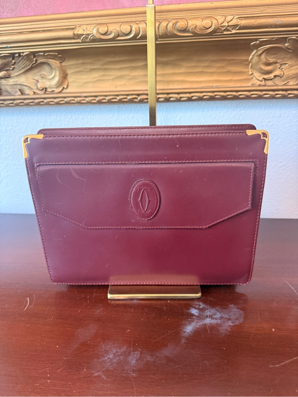 Cartier Burgundy Leather Clutch with Gold Corner Trim